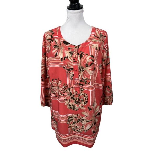 JM Collection Blouse Plus 14W Orange Floral Button Down 3/4 Sleeve Chiffon Top - Picture 10 of 10